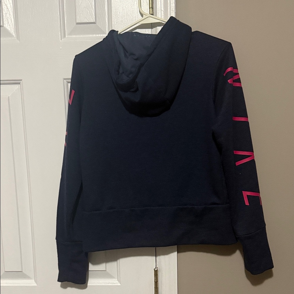 Nike Women's Pro Dri-FIT Cropped Graphic Hoodie in navy with pink accents. {XS} - Picture 7 of 14